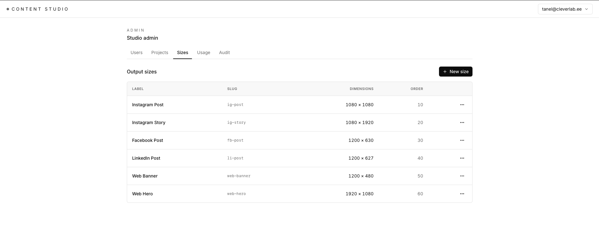 Content Studio admin — output sizes configuration with Instagram Post, Instagram Story, Facebook Post, LinkedIn Post, Web Banner, and Web Hero formats